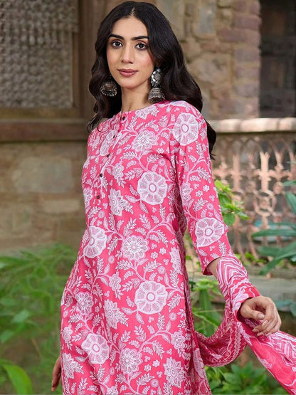 Women Floral Printed Regular Pure Cotton Kurta with Trousers & With Dupatta