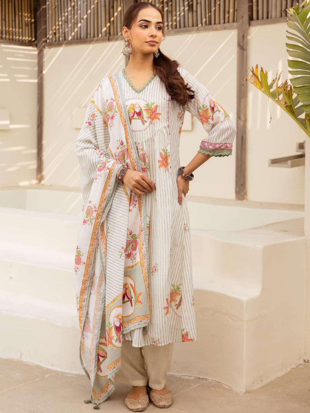 Printed V-Neck Kurta & Trousers With Dupatta