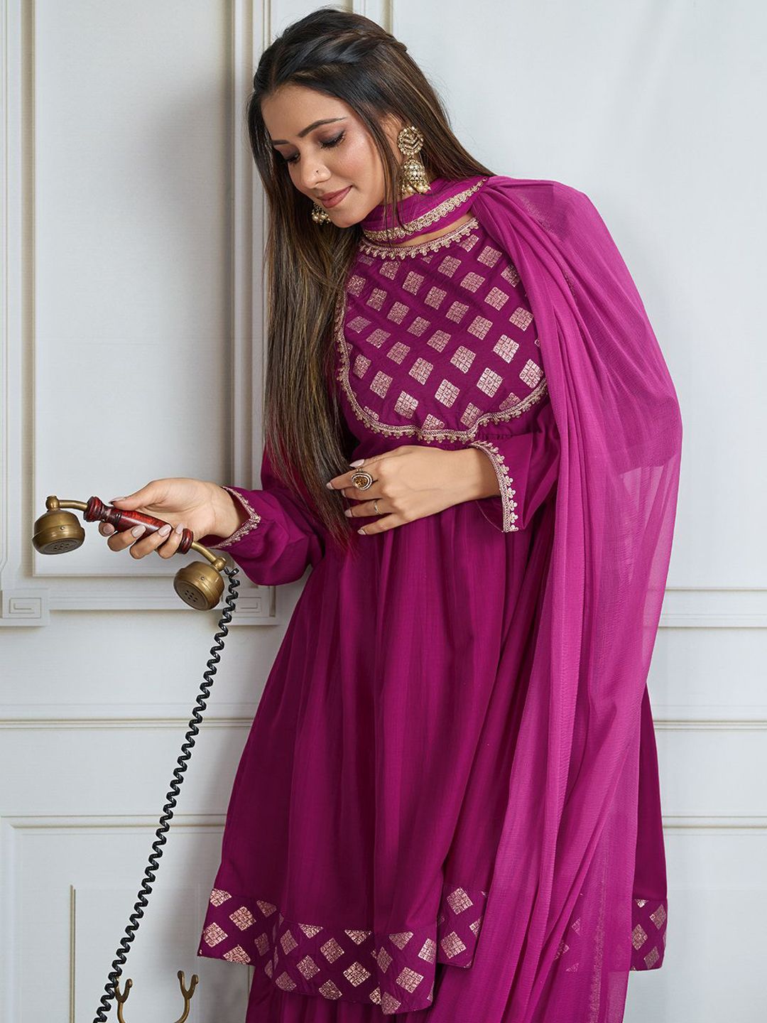 Dhiyona HOP Women Geometric Embroidered Kurta with Sharara & Dupatta