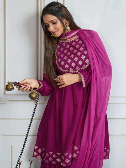 Dhiyona HOP Women Geometric Embroidered Kurta with Sharara & Dupatta