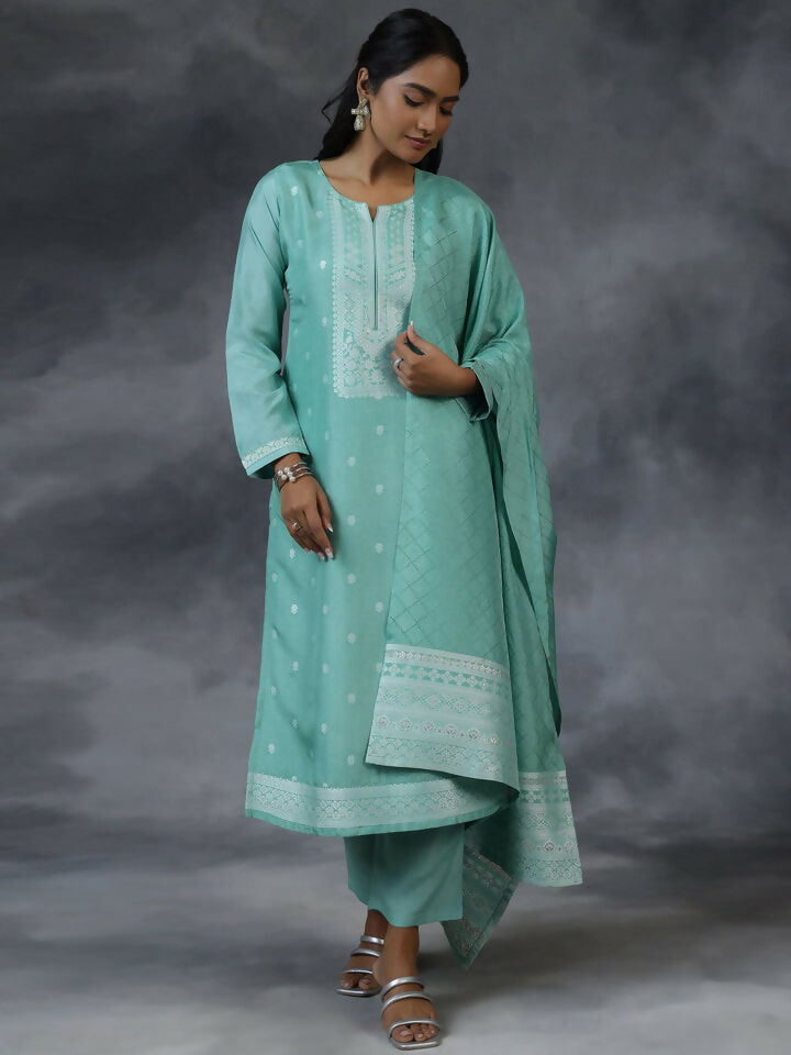 Women's LB Green Woven Design Silk Blend Straight Suit With Dupatta