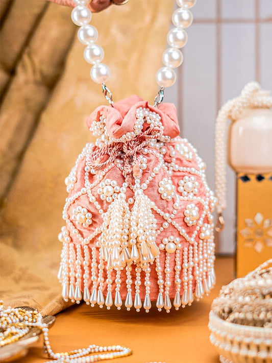 Dhiyona NR Pearls Embroidered Embellished Velvet Potli Clutch