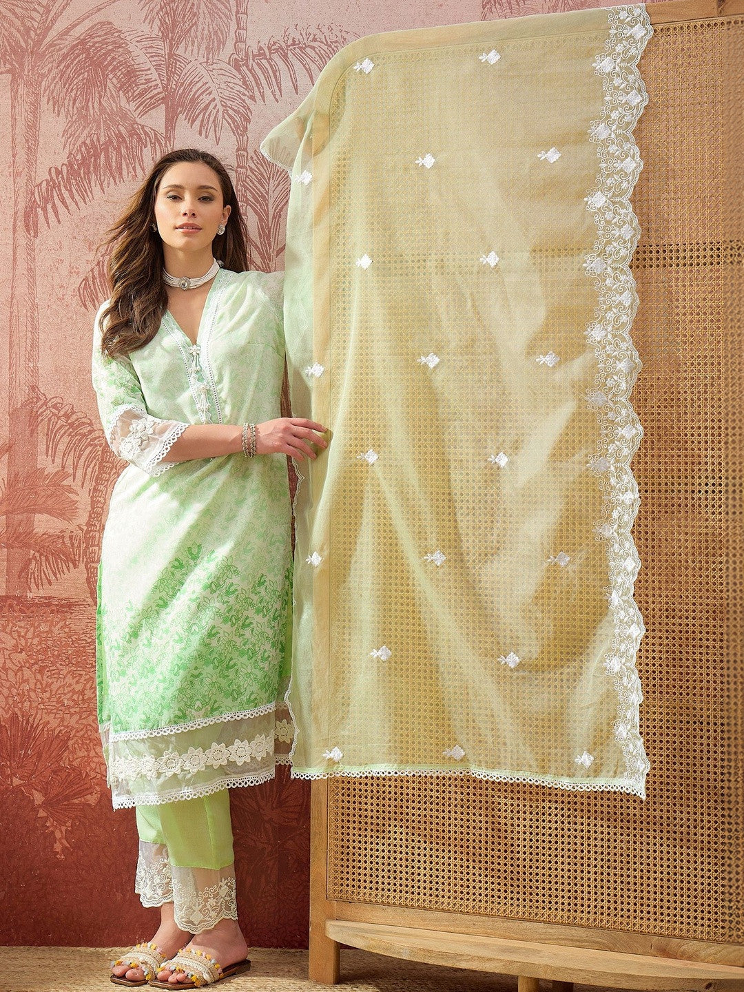 Printed V-Neck Kurta & Trousers with Dupatta