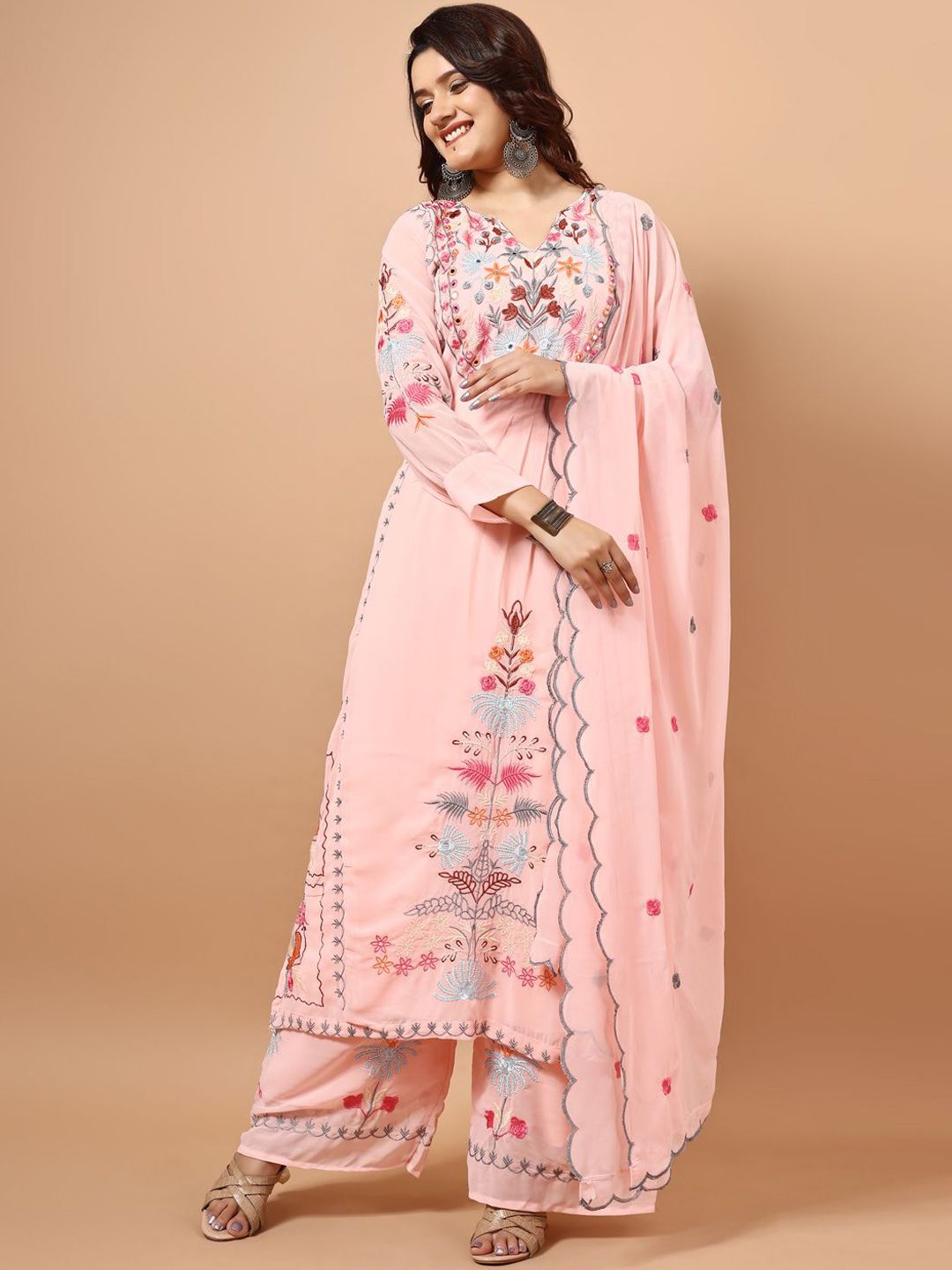 Dhiyona KL Floral Embroidered Thread Work Georgette Straight Kurta with Palazzo & Dupatta