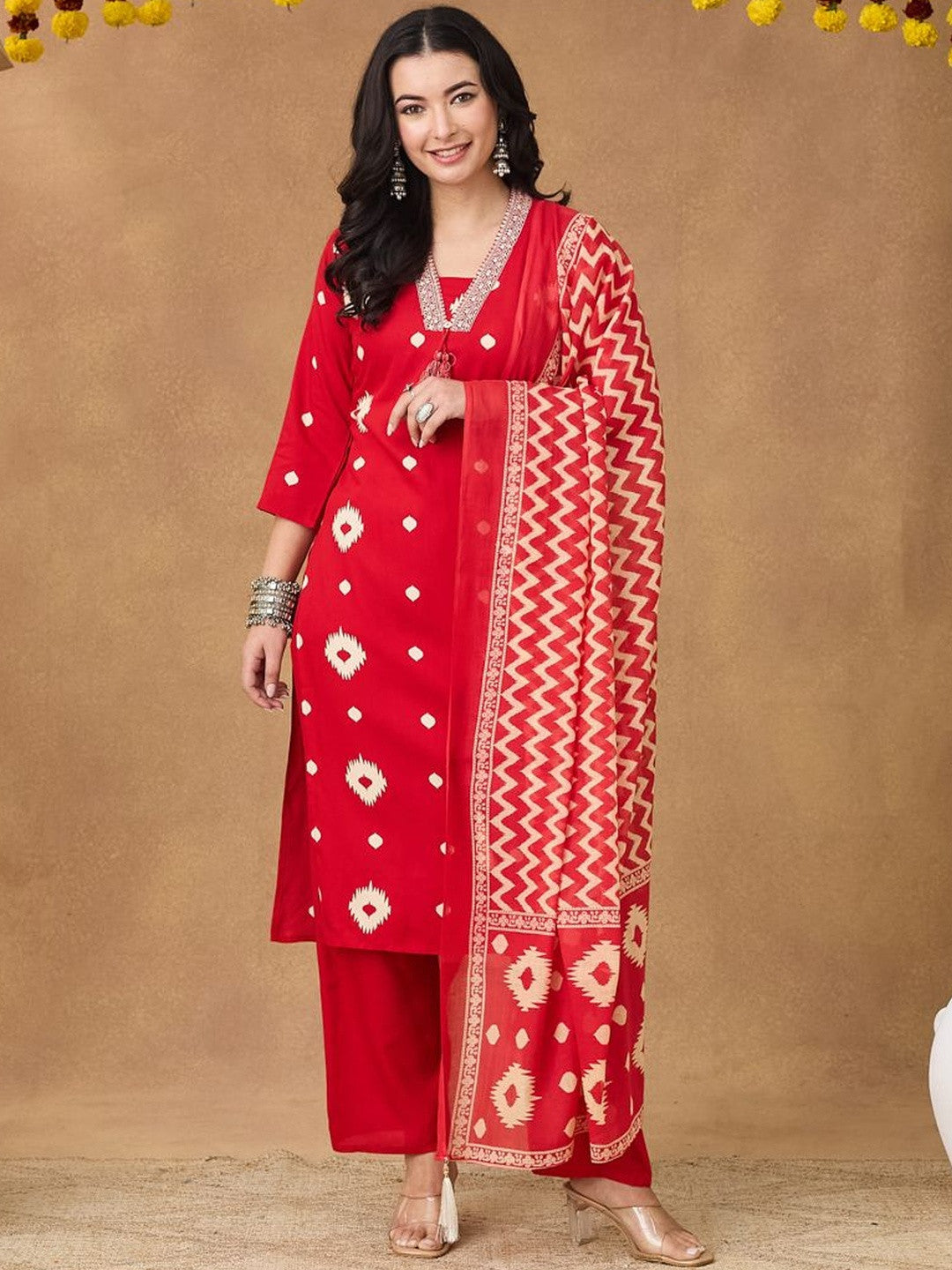 Women Ethnic Ikat Print Embroided Neck Kurta Set With Tasseled Dupatta