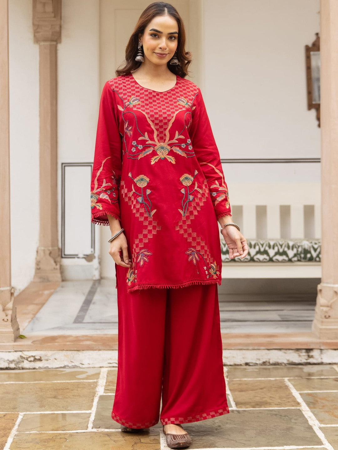 Embroidered Round Neck Kurti & Palazzos