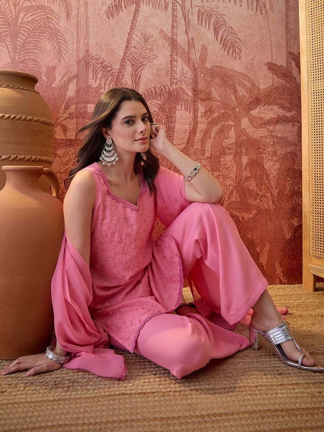 Dhiyona SN Embroidered Sweetheart Neck Kurta Palazzos & Dupatta