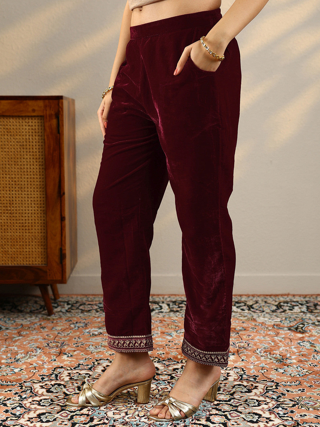 Floral Printed Straight Sequinned Velvet Kurta with Trousers & Dupatta