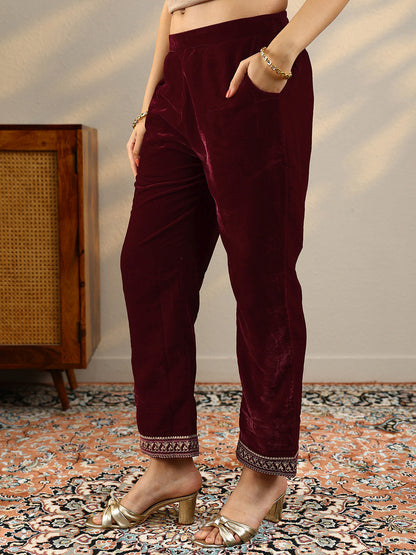 Floral Printed Straight Sequinned Velvet Kurta with Trousers & Dupatta