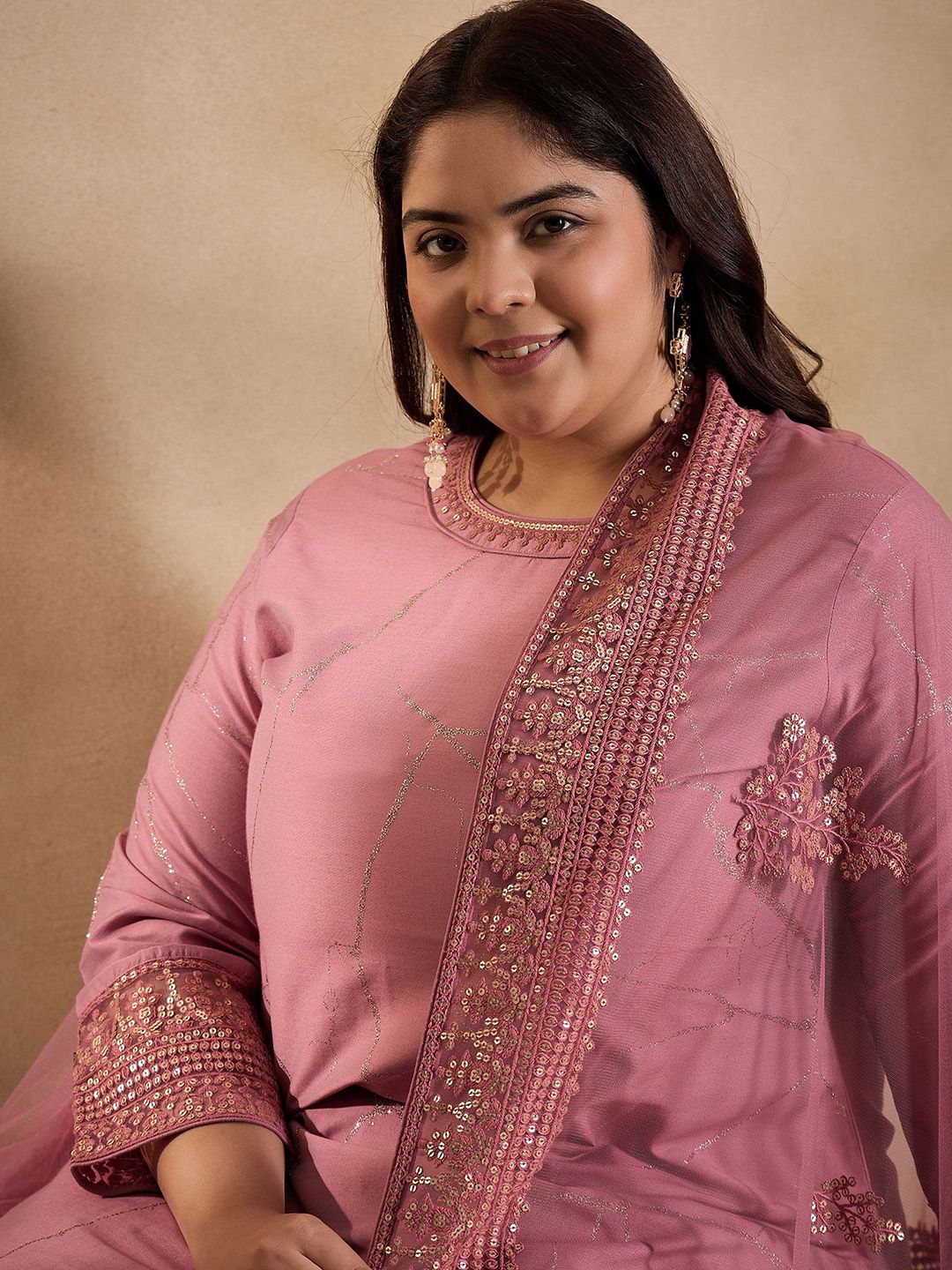 Dhiyona IN Floral Embroidered Sequinned Straight Kurta with Trouser & Dupatta