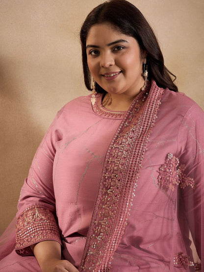 Dhiyona IN Floral Embroidered Sequinned Straight Kurta with Trouser & Dupatta