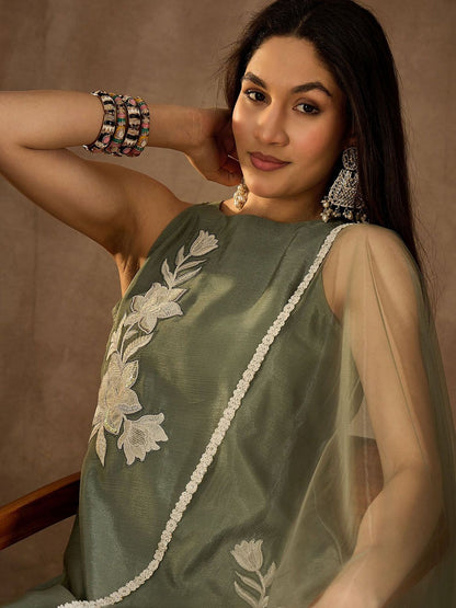 Dhiyona IN Floral Embroidered Round Neck Sequinned Straight Kurta With Palazzos & Dupatta