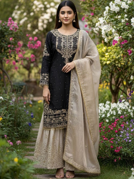Dhiyona KL Women Ethnic Motifs Embroidered Regular Sequinned Kurta with Sharara & With Dupatta