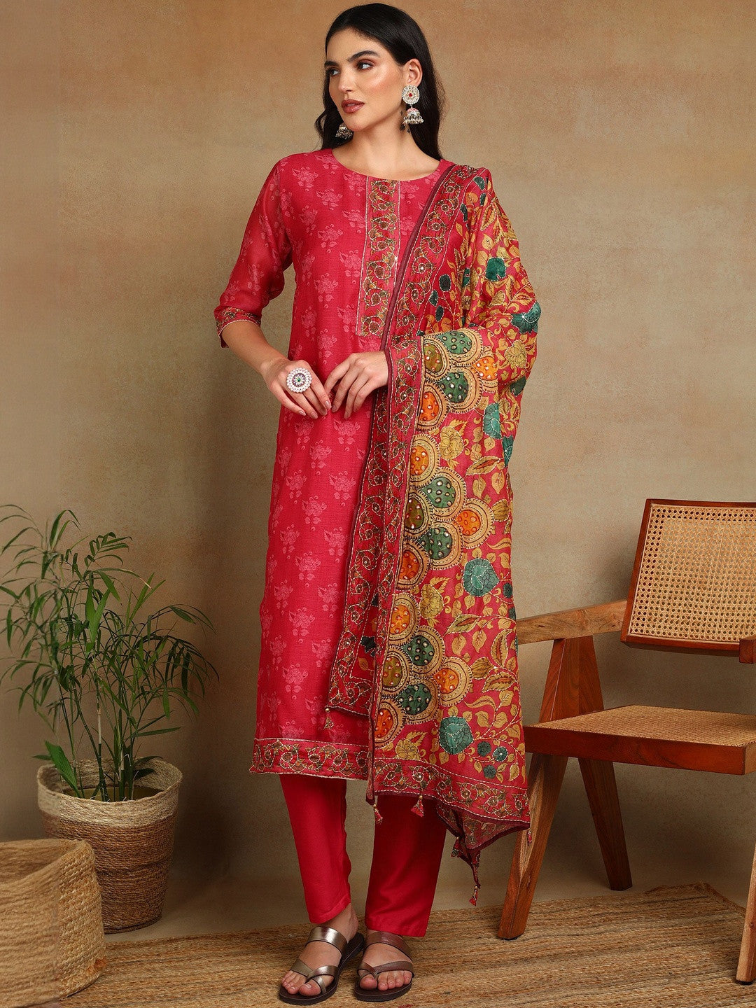 Women Ethnic Motifs Regular Sequinned Chanderi Cotton Kurta with Trousers & With Dupatta