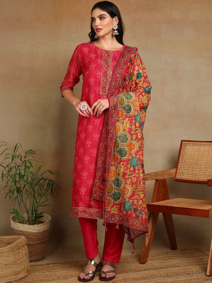 Women Ethnic Motifs Regular Sequinned Chanderi Cotton Kurta with Trousers & With Dupatta