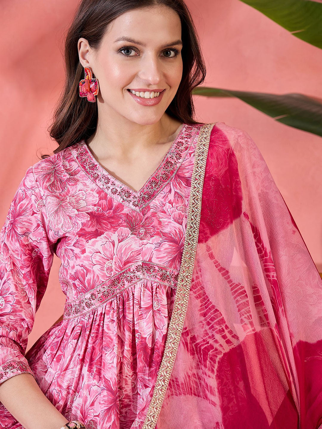 Pink Floral Printed Empire V-Neck Pure Cotton Kurta With Trouser And Dupatta