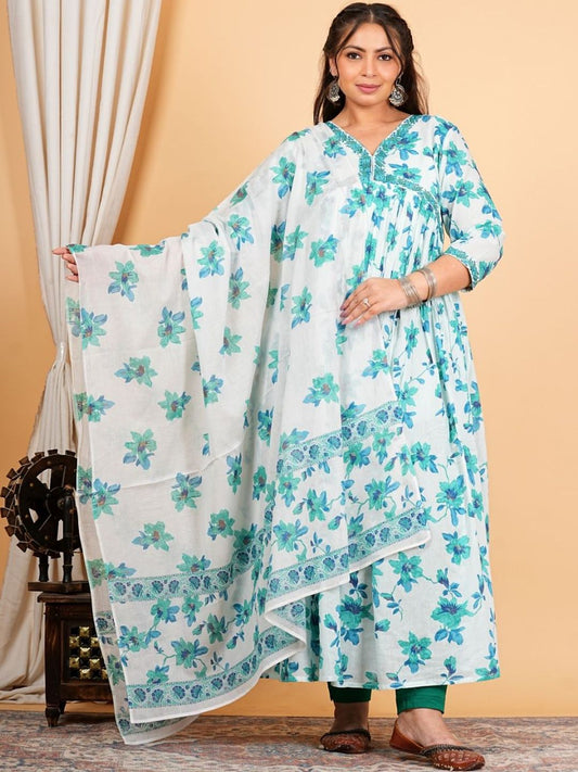 Dhiyona KL Women Floral Printed Pleated Thread Work Pure Cotton Kurta Set With Dupatta