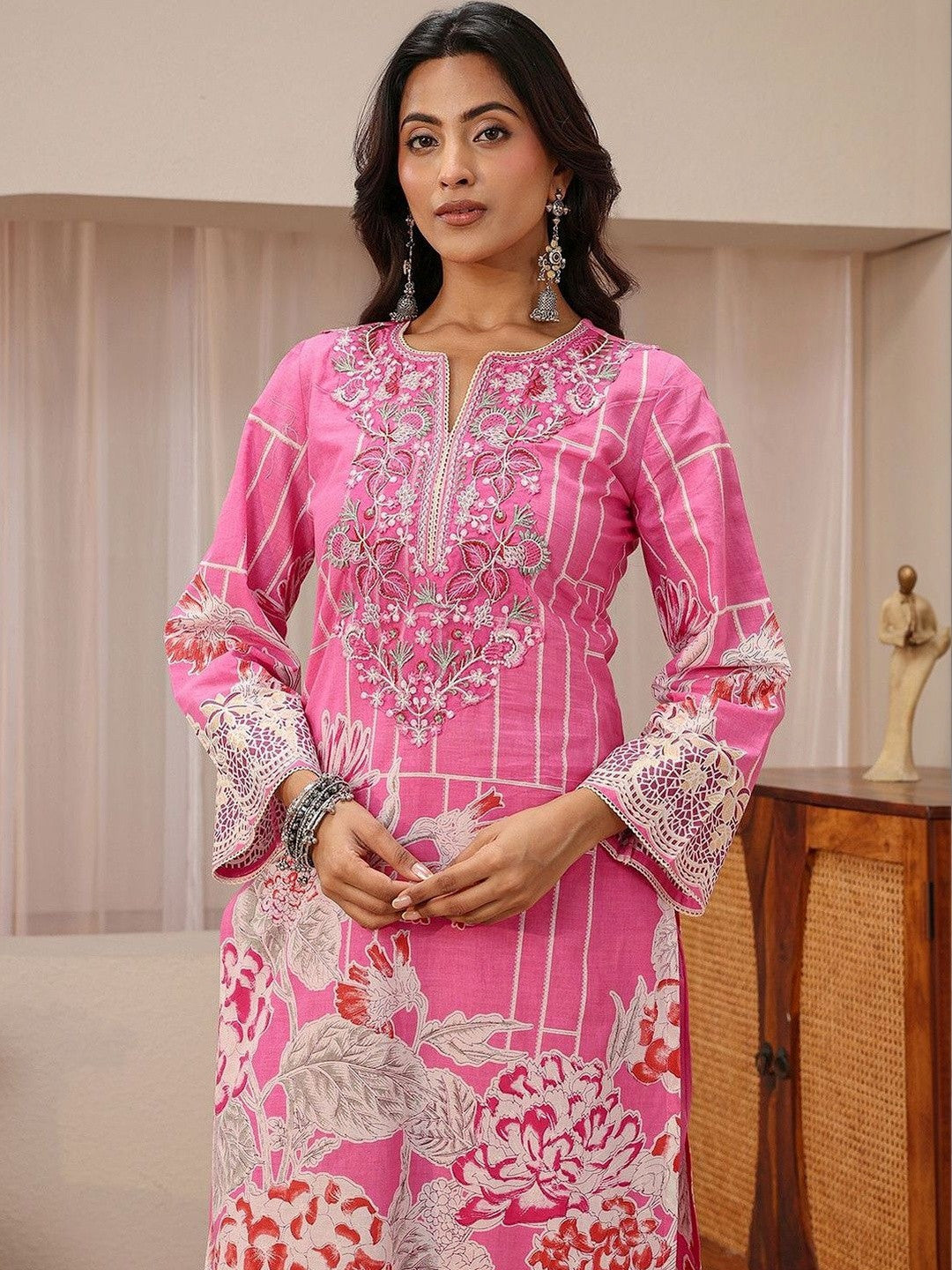 Pink Floral Printed Cotton Straight Suit Set