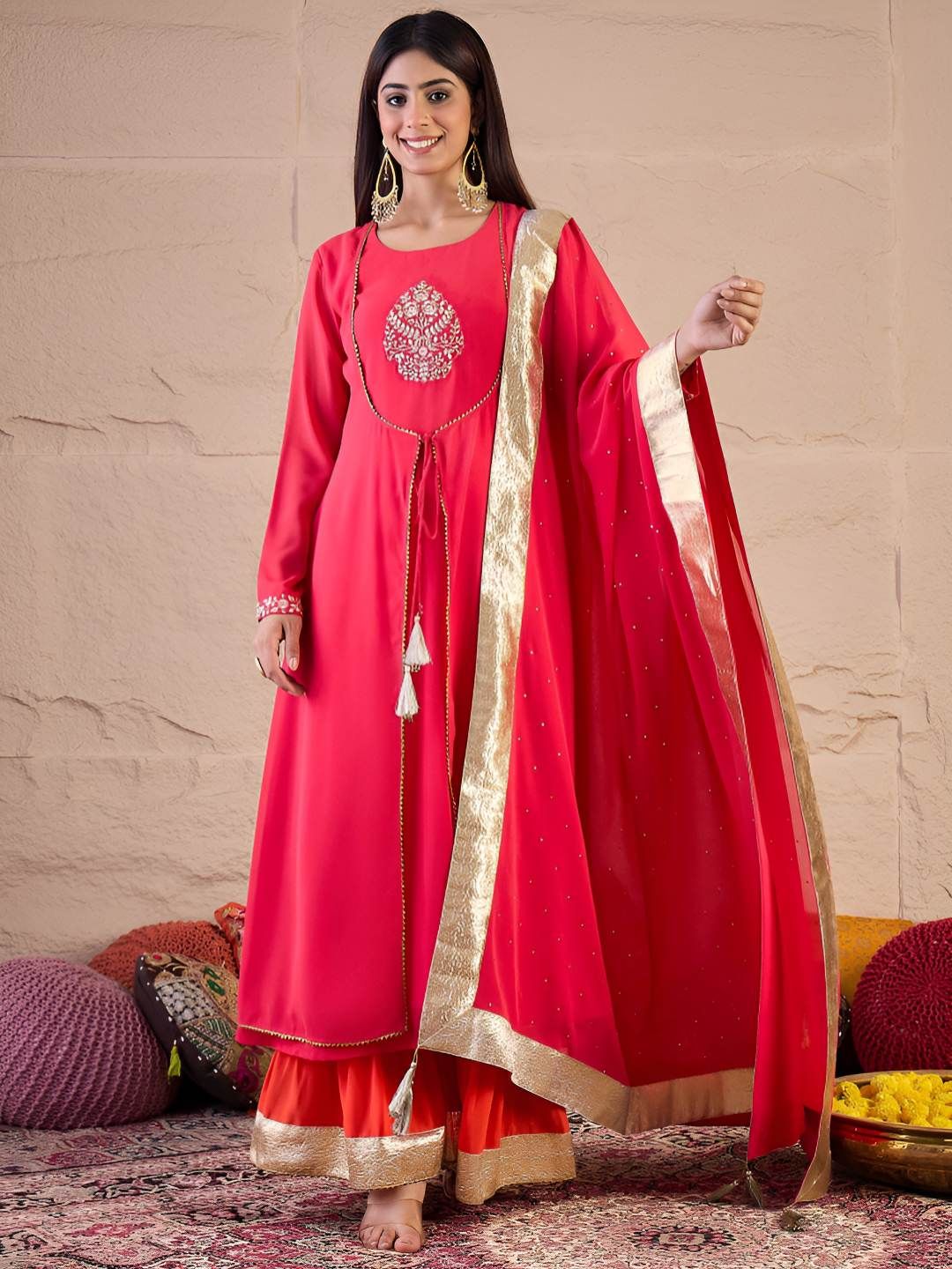 Dhiyona IN Floral Embroidered Zari Georgette Anarkali Kurta With Palazzos & Dupatta