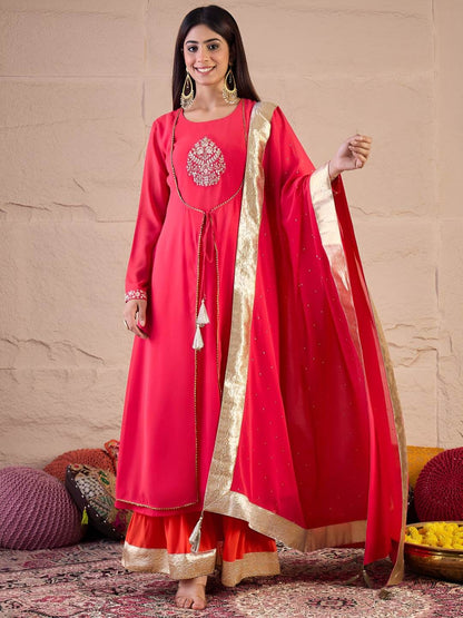 Dhiyona IN Floral Embroidered Zari Georgette Anarkali Kurta With Palazzos & Dupatta