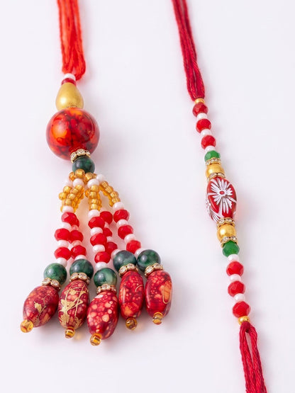 Dhiyona Set Of 2 Designer Red Artificial Beads Bhaiya Bhabhi Rakhi With Roli Chawal Chandan
