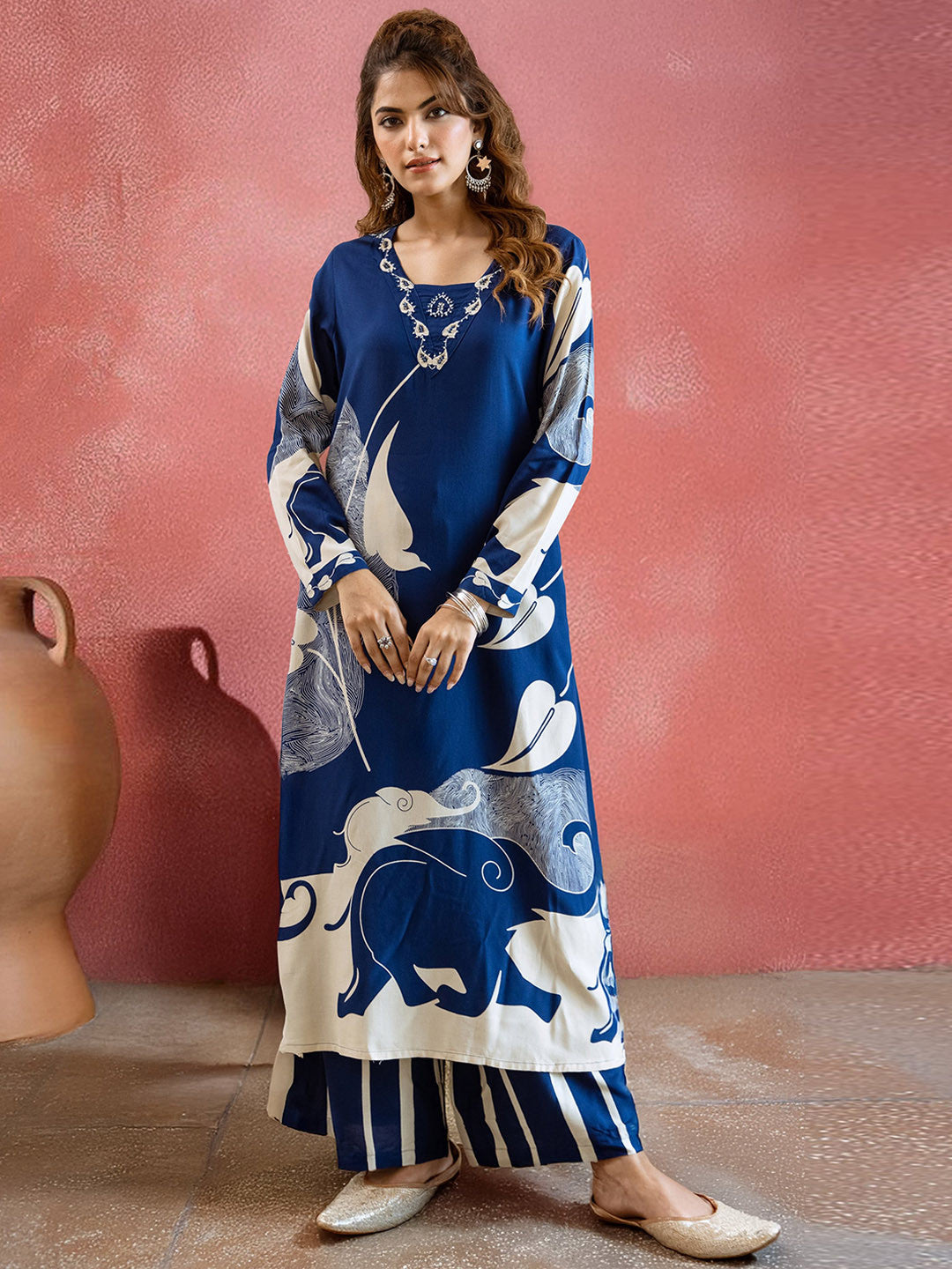 Dhiyona SN Floral Printed V-Neck Beads and Stones Straight Kurta With Palazzos