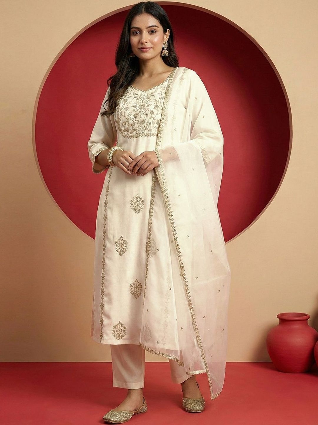 Dhiyona CH Women Ethnic Motifs Embroidered Regular Thread Work Kurta with Trousers & With Dupatta