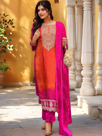 Dhiyona KL Women Pink Rayon Blend Printed Straight Kurta Set With Dupatta