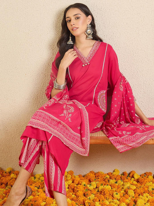 Women Ethnic Motifs Printed Regular Beads and Stones Pure Cotton Kurta with Trousers & With Dupatta