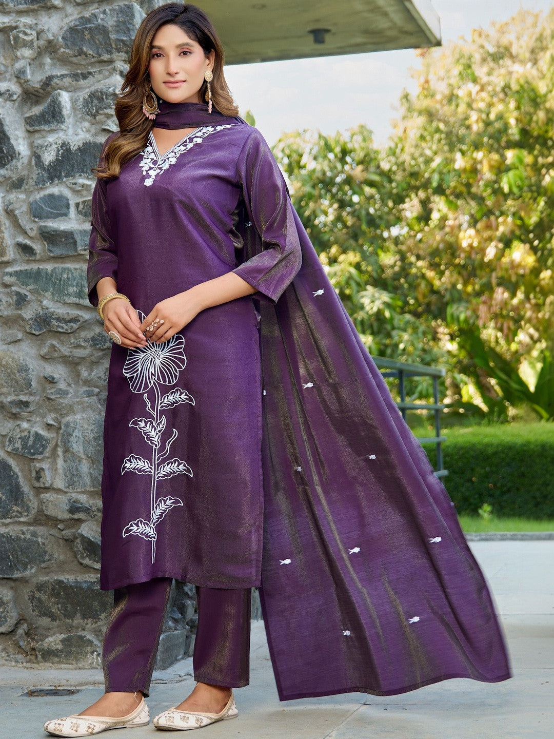Embroidered V-Neck Kurti & Trousers With Dupatta