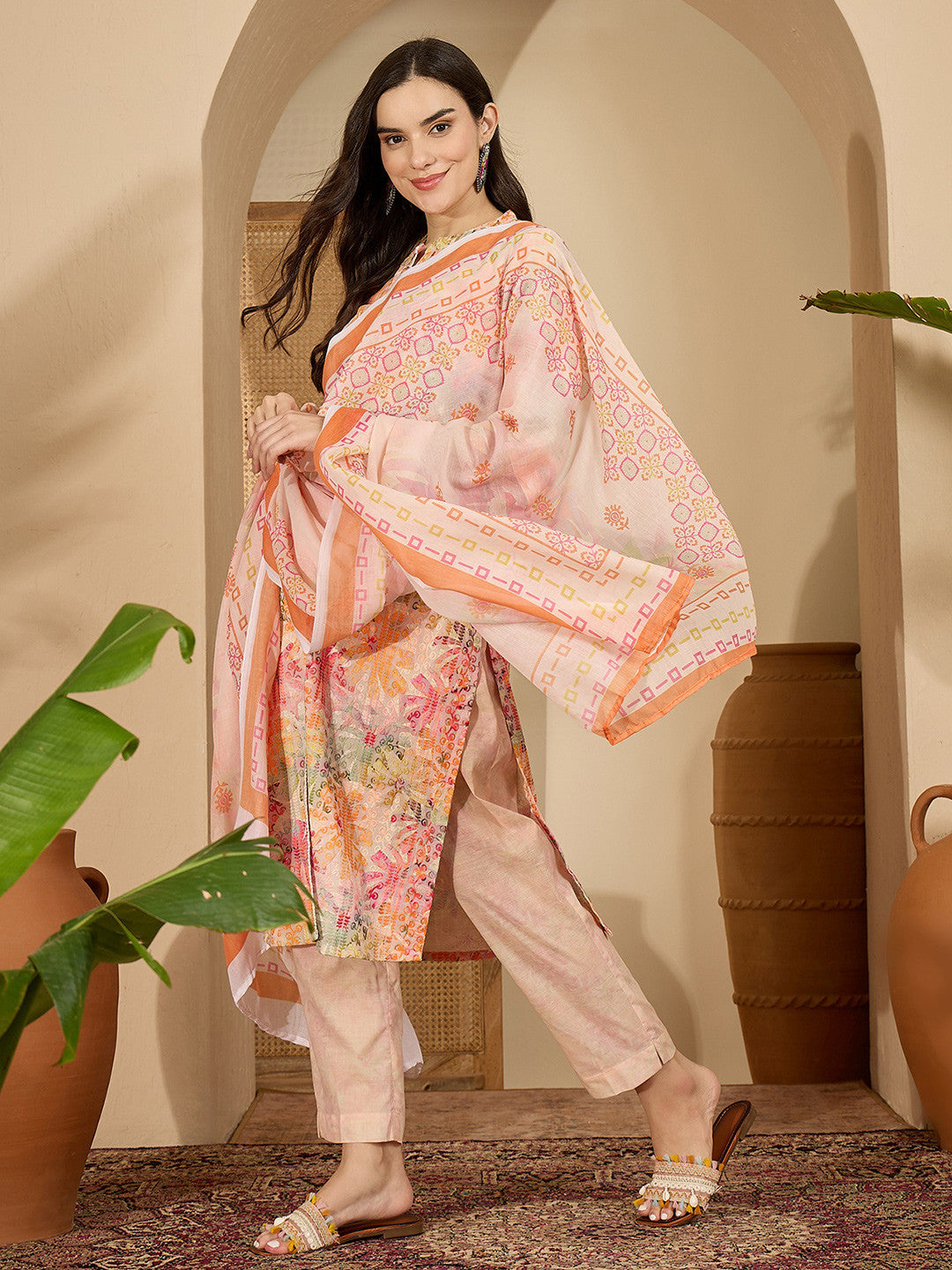 Floral Embroidered Thread Work Pure Cotton Straight Kurta With Trousers & Dupatta