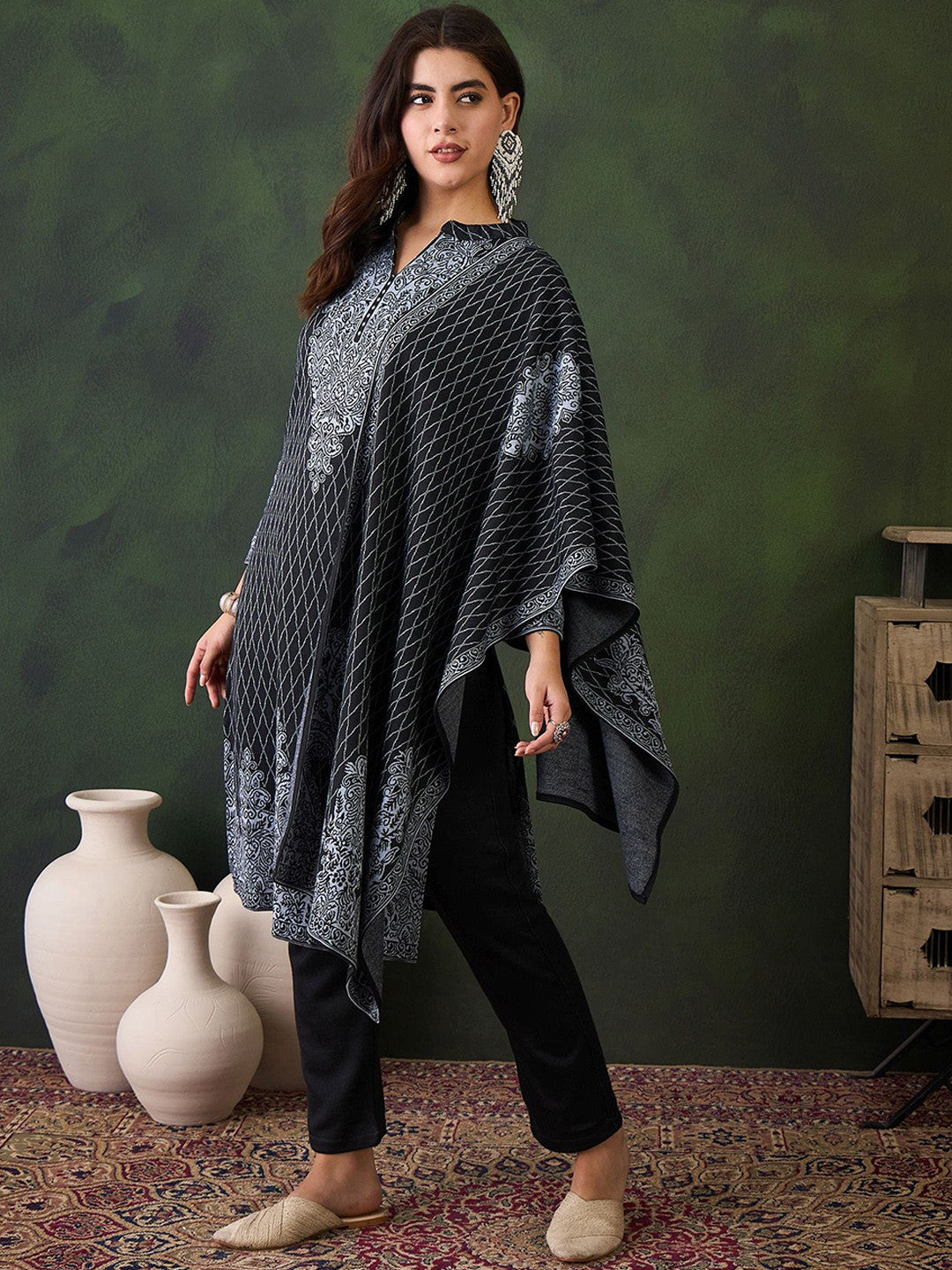 Ethnic Motifs Woven Design Mandarin Collar Straight Kurta With Trouser & Dupatta