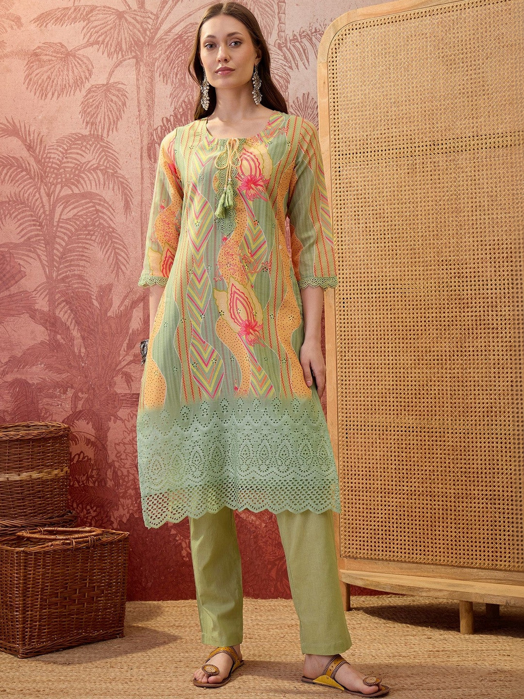 Floral Printed Round Neck Lace Hem Kurta & Trousers With Dupatta
