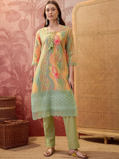 Floral Printed Round Neck Lace Hem Kurta & Trousers With Dupatta