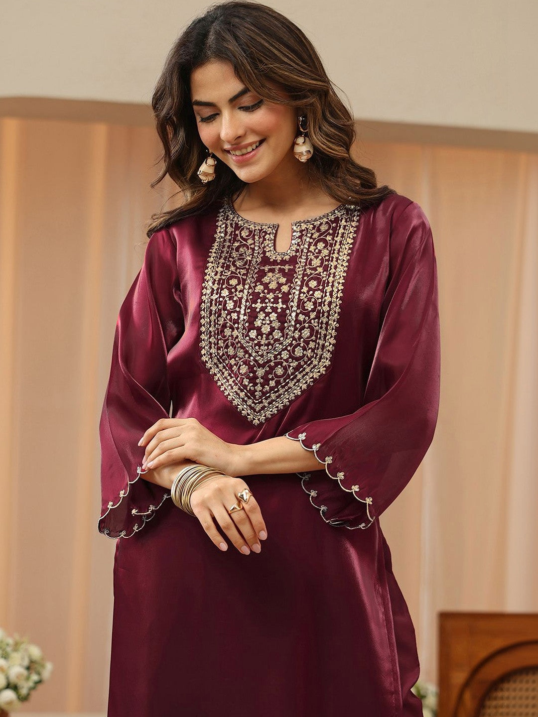 Libas Maroon Yoke Design Tissue Straight Suit Set