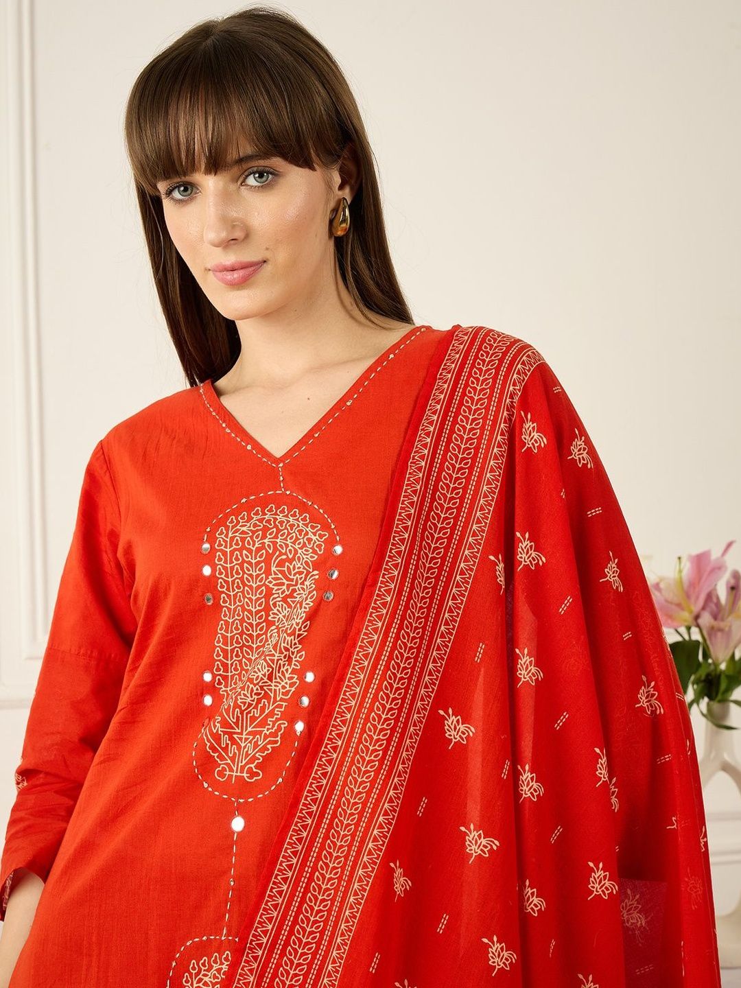 Floral Printed Thread Work Pure Cotton Kurta With Palazzos