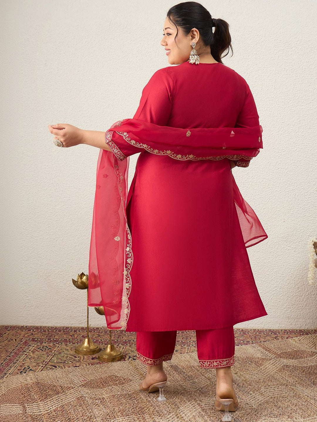 Plus Size Red Embroidered Straight Kurta Trousers With Dupatta Set