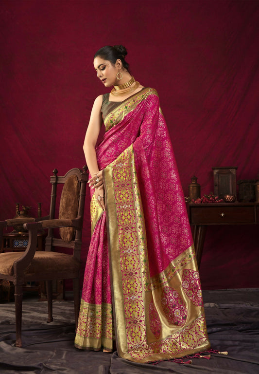 Women Paithani Bansi Pink Saree With Unstiched Blouse