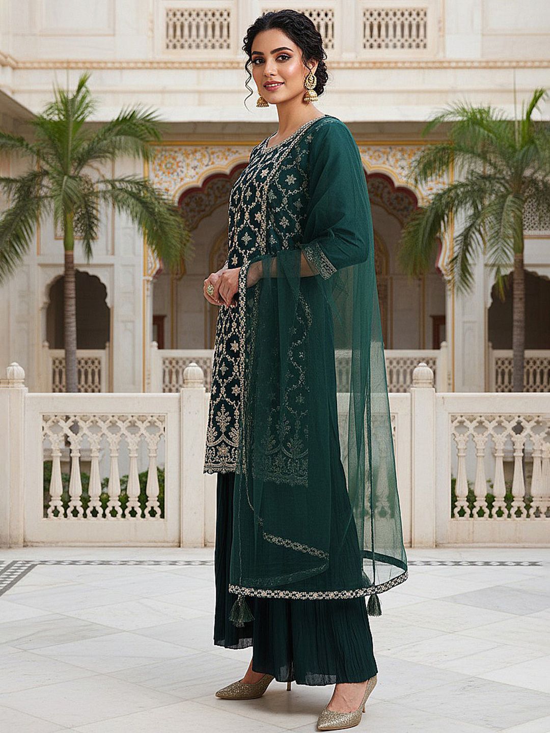 Dhiyona KL Ethnic Motifs Embroidered Straight Kurta with Sharara & With Dupatta