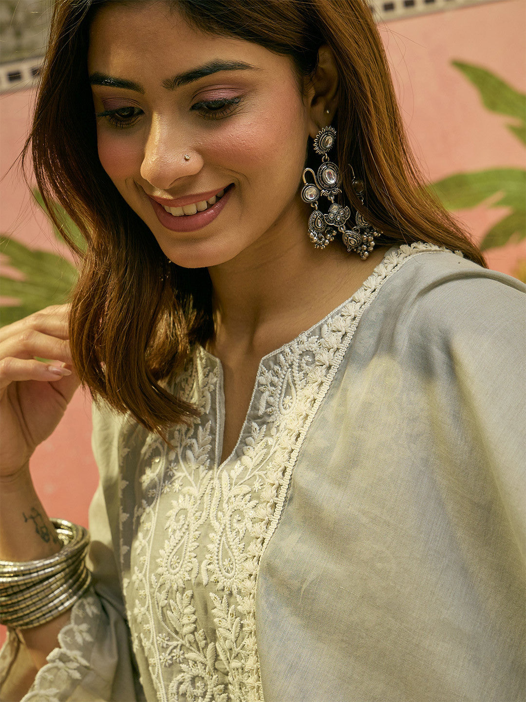 Embroidered Round Neck Kurta & Trousers With Dupatta