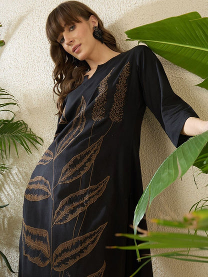 Dhiyona IE Embroidered Round Neck Three-Quarter Sleeves Pure Cotton Tunic And Trousers