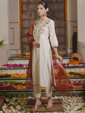 Women's Off White Embroidered Straight Kurta Trousers With Dupatta Set