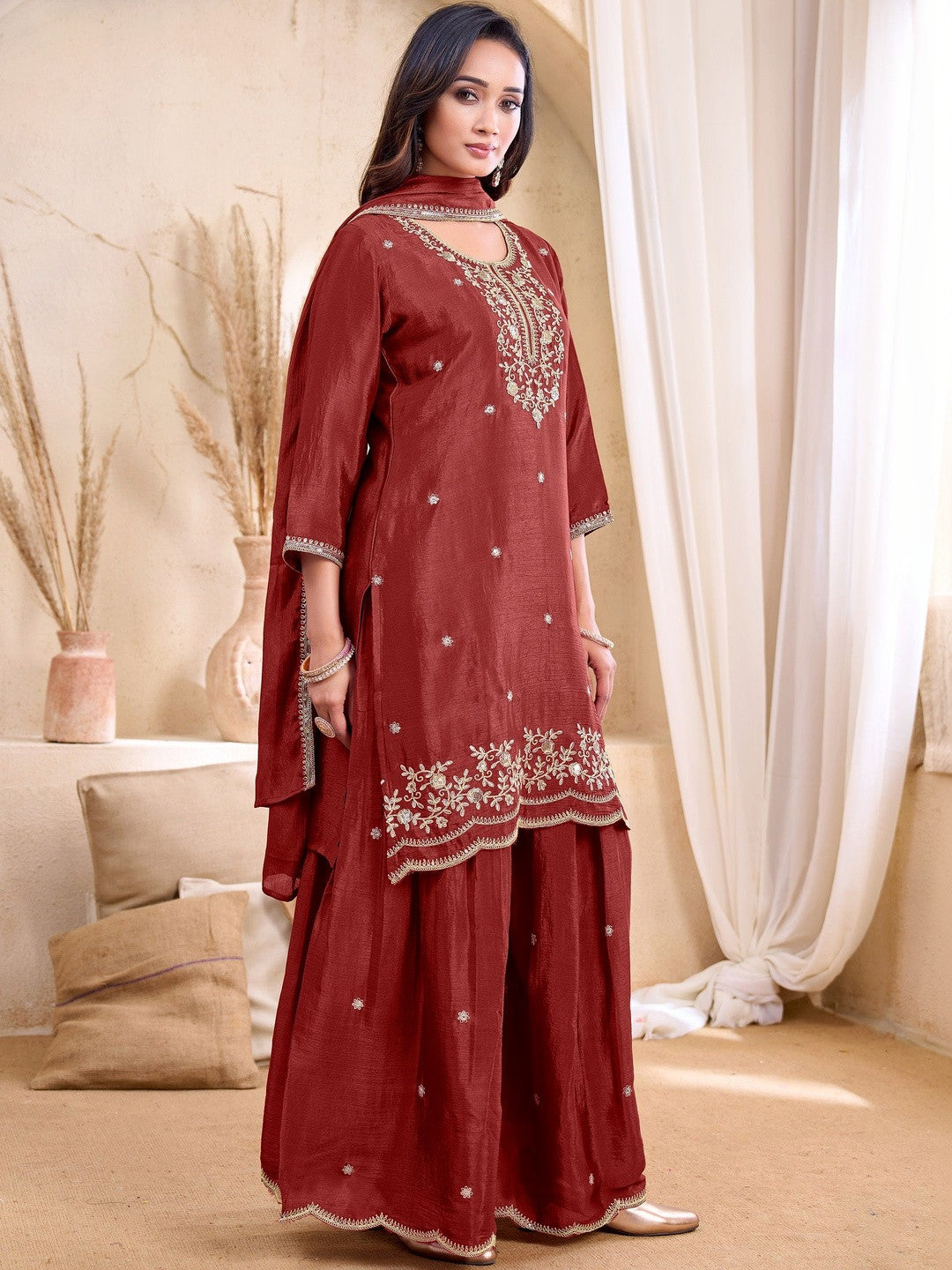 Embroidered Round Neck Kurta & Palazzos With Dupatta
