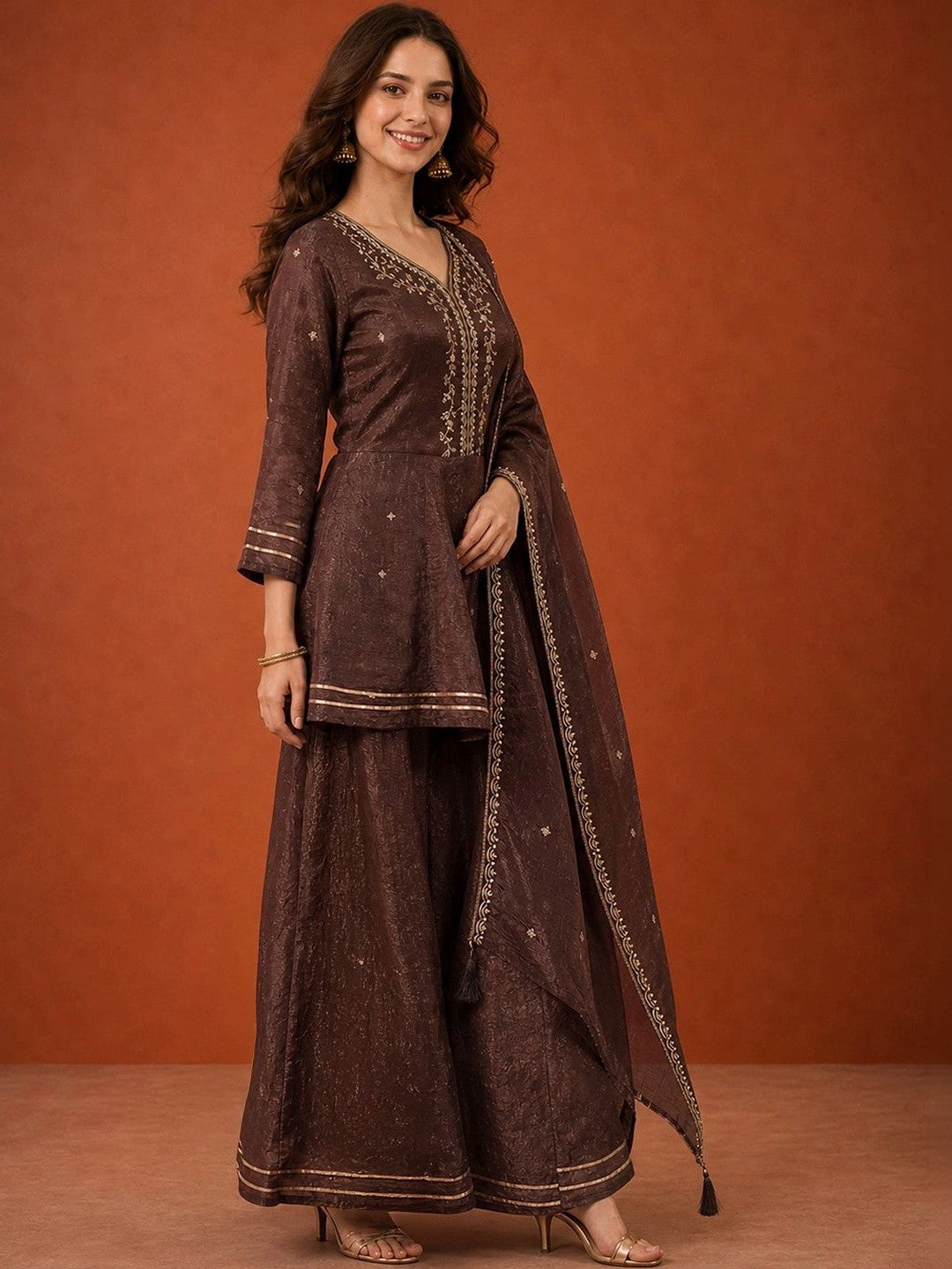 Women Ethnic Motifs Embroidered Empire Thread Work Kurta with Sharara & With Dupatta