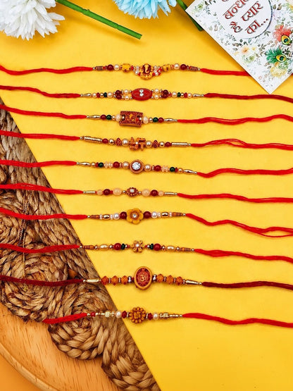 Dhiyona Set Of 10 Multicolor Designer Thread Rakhi With Roli Chawal Chandan Mishri