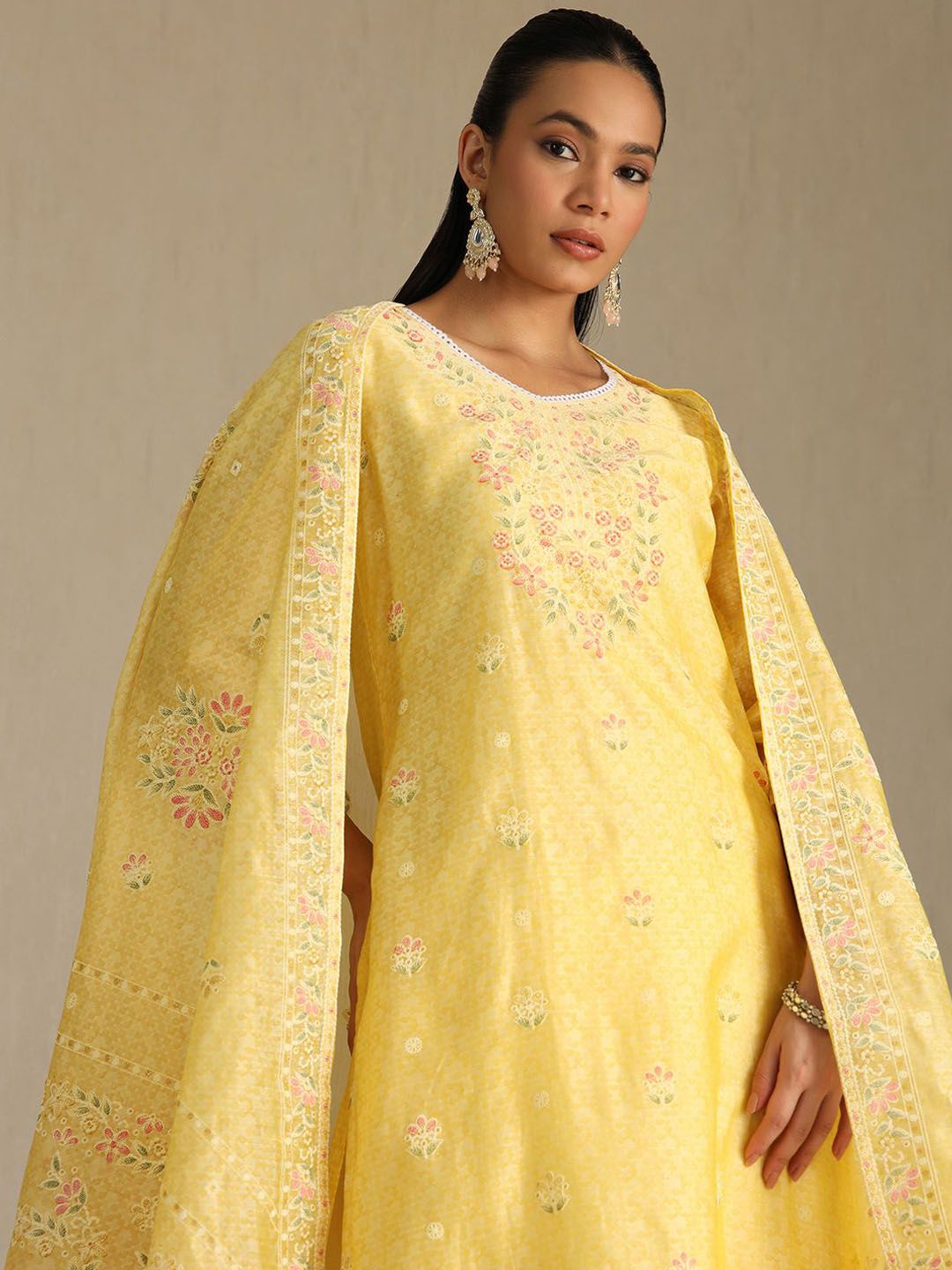 Dhiyona SO Women's Floral Embroidered V-Neck Chanderi Cotton Straight Kurta With Palazzos & Dupatta