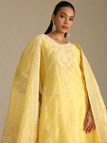 Dhiyona SO Women's Floral Embroidered V-Neck Chanderi Cotton Straight Kurta With Palazzos & Dupatta