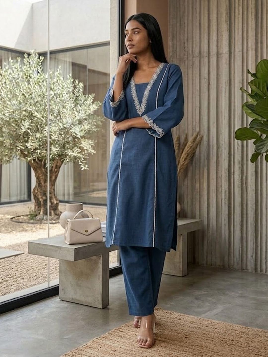 Navy Blue Navy Blue and White Square Neck Floral Embroidered Top With Trouser