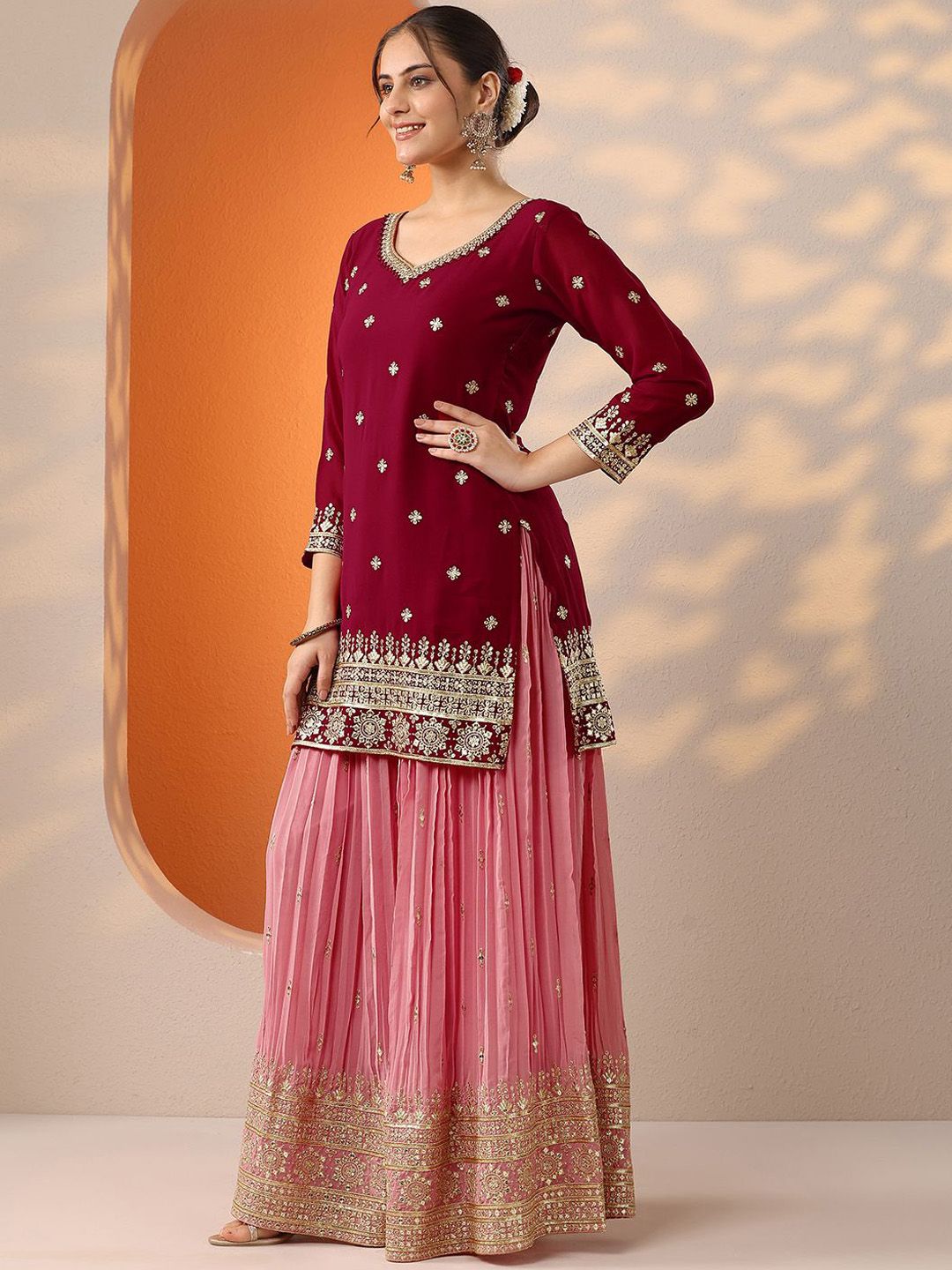 Dhiyona LL Floral Embroidered Georgette Sweetheart Neck Zari Kurti & Sharara & Dupatta