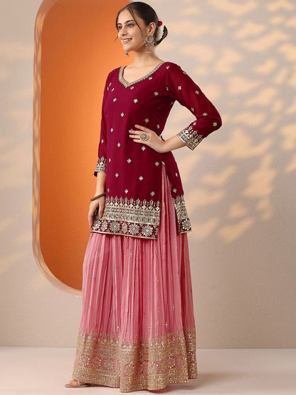 Dhiyona LL Floral Embroidered Georgette Sweetheart Neck Zari Kurti & Sharara & Dupatta